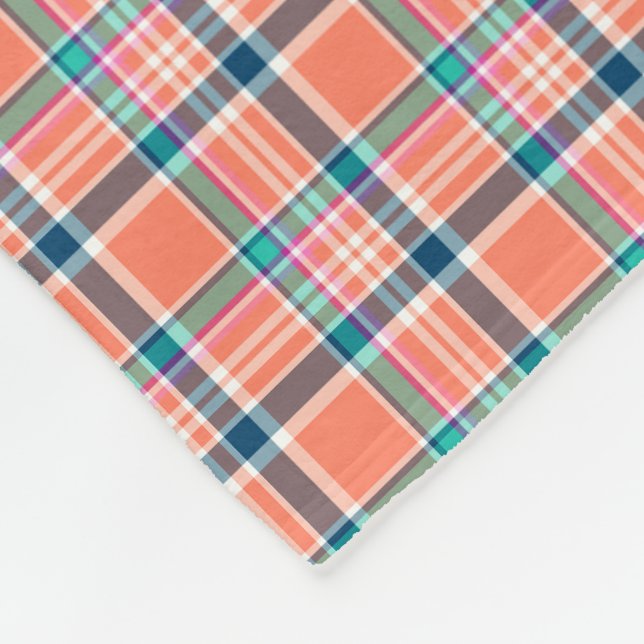 Orange Coral and Blue Plaid Fleece Blanket (Corner)