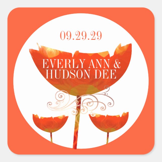 Orange Coral Boho Bumble Bee Poppy Square Sticker (Front)