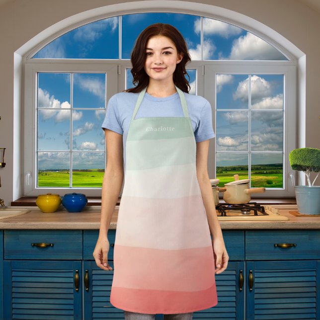 Orange coral cream sage green stripes name apron (Creator Uploaded)