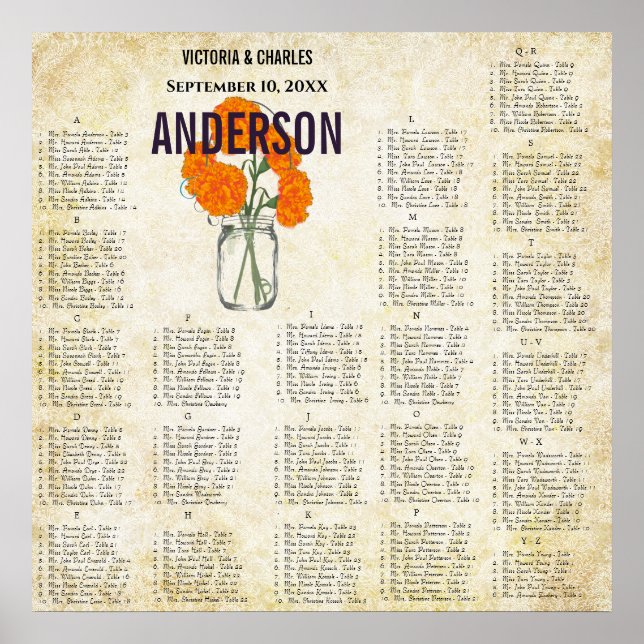 Orange Coral Dahlia Mason Jar Seating Chart (Front)