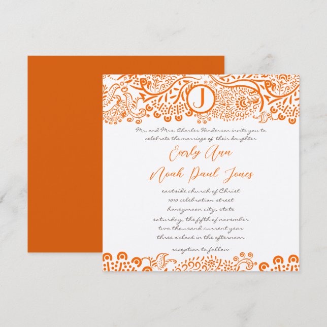 Orange Coral Lovebird Pattern Monogram Weddings Invitation (Front/Back)