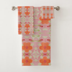 Orange Coral Pink and Olive Bath Towel Set