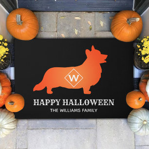 Orange Corgi Happy Halloween Family Name Doormat