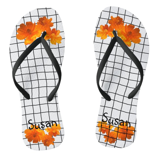 Orange Cosmos Flower on Black Grid on White Thongs (Footbed)