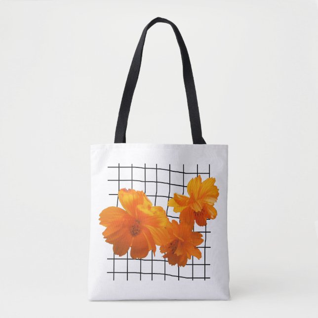 Orange Cosmos Flower on Black Grid on White Tote Bag (Front)