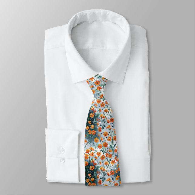 Orange Cosmos Green Stems Seamless Floral Pattern Tie (Tied)