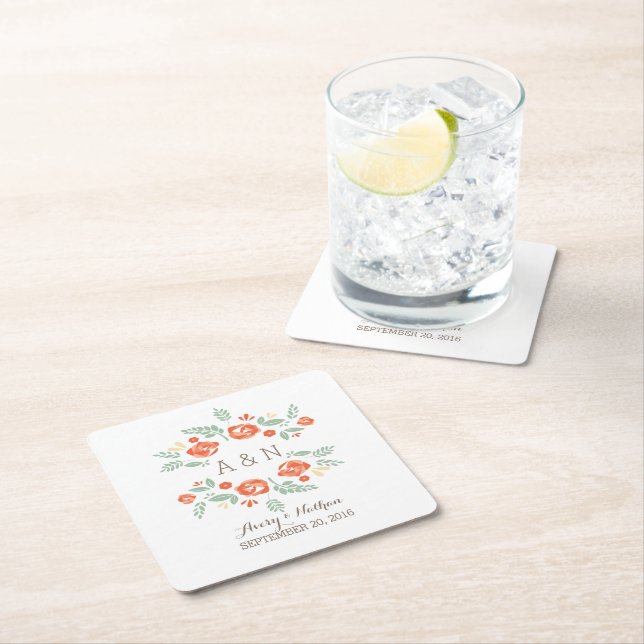 Orange Country Floral Monogram Paper Coasters (Insitu)