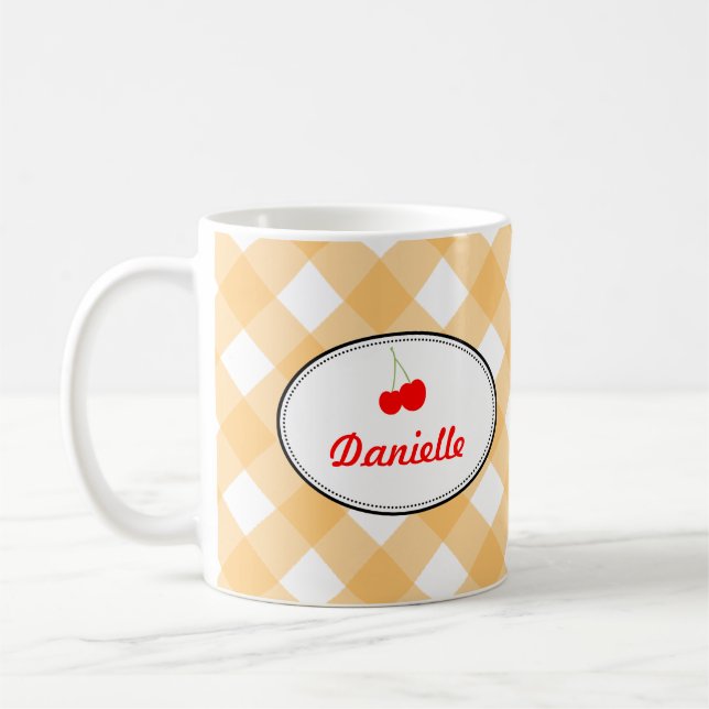 Orange country gingham pattern red cherry personal coffee mug (Left)