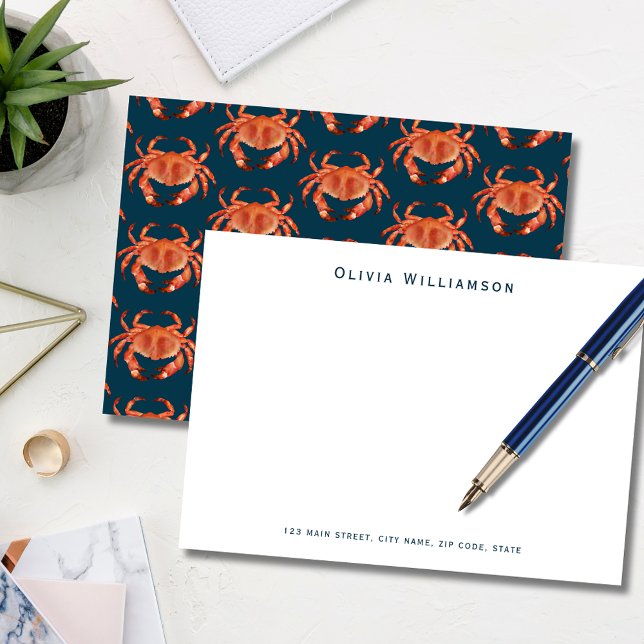 Orange Crab Seaside Ocean pattern Card (Coastal crab, crustacean illustrated notecard. Personalize with your own name and address details.)