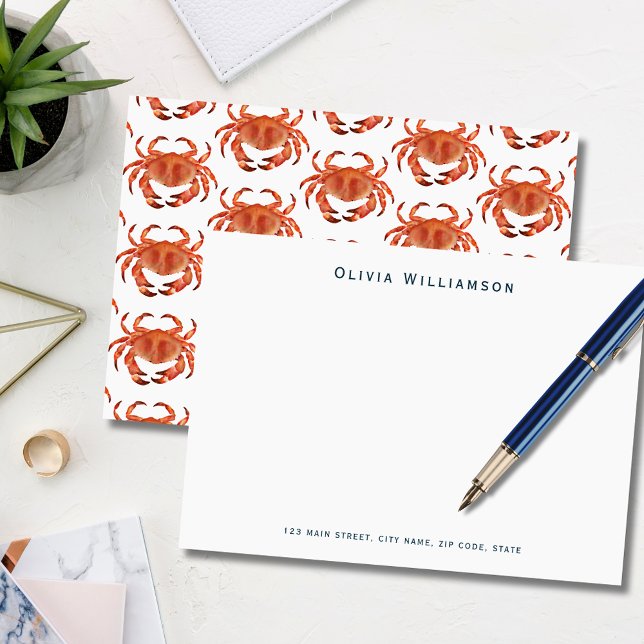 Orange Crab Seaside Ocean pattern Card (Coastal crab, crustacean illustrated notecard. Personalize with your own name and address details.)