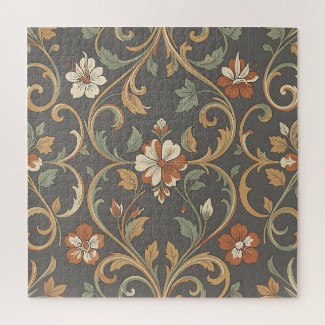 Orange Cream Floral Damask Pattern Ornate Scroll Jigsaw Puzzle (Vertical)