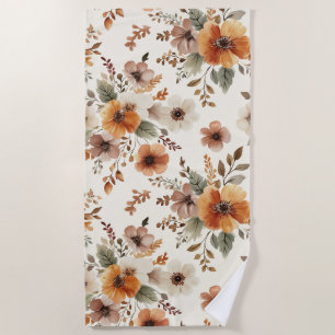 Orange Cream Flowers Beach Towel