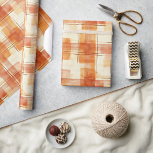 Orange Cream Plaid Stripes Birthday Wrapping Paper