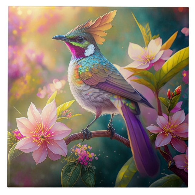 Orange Crested Rainbow Jay Fantasy Bird Ceramic Tile (Front)