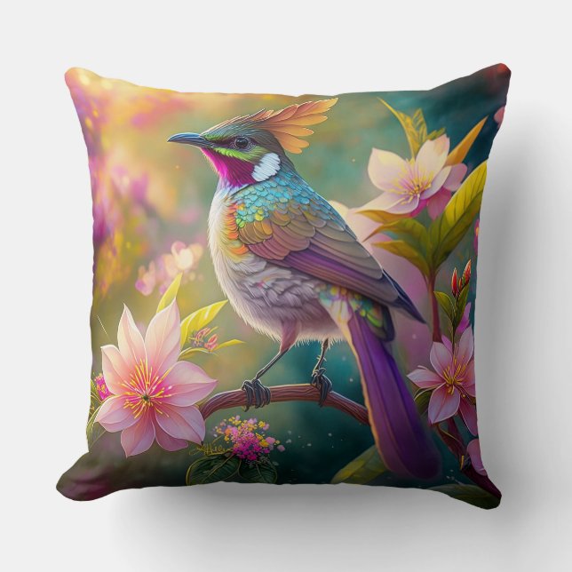 Orange Crested Rainbow Jay Fantasy Bird Cushion (Front)