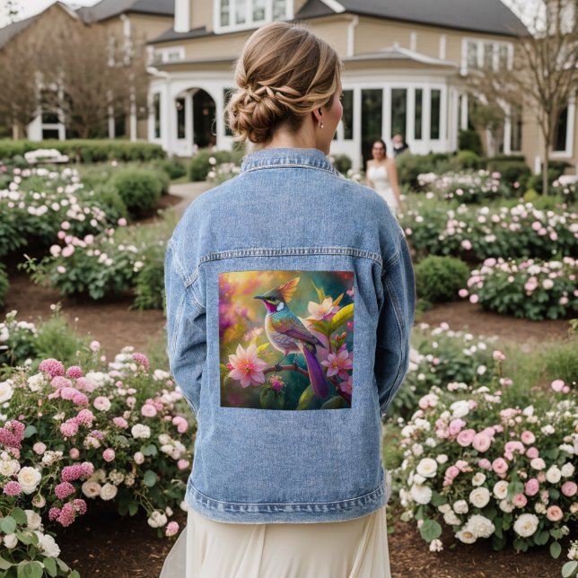 Orange Crested Rainbow Jay Fantasy Bird Denim Jacket (Wedding Back)