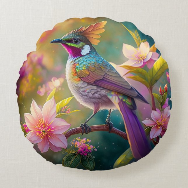 Orange Crested Rainbow Jay Fantasy Bird Round Cushion (Front)