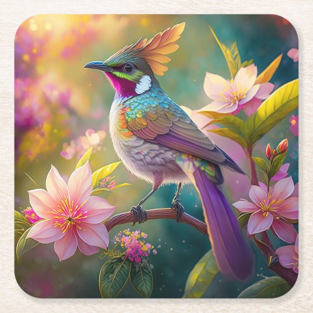 Orange Crested Rainbow Jay Fantasy Bird Square Paper Coaster (Front)
