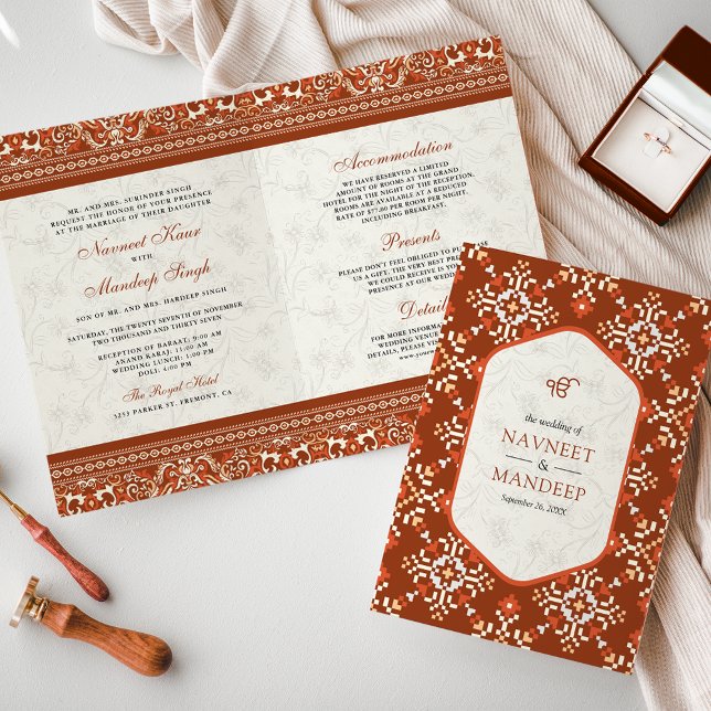 Orange Cross-stitch All in One Sikh Wedding Invitation (Creator Uploaded)