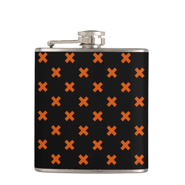 Orange cross stitches on black hip flask (Front)