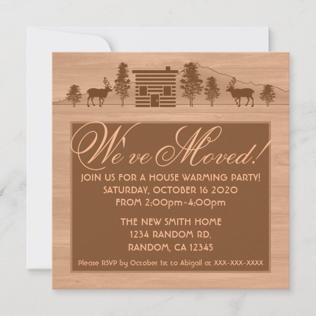 Orange customisable log cabin moving invitations (Front)