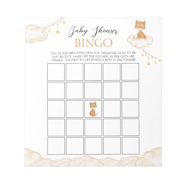 Orange Cute Fox Baby Shower Bingo Notepad (Front)