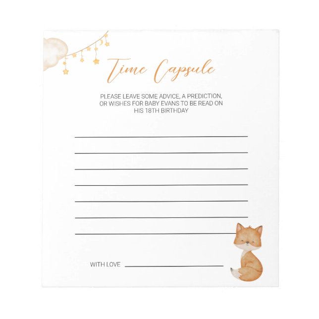 Orange Cute Fox Baby Shower Time Capsule Notepad (Front)