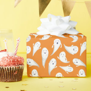 Orange Cute Ghosts Halloween Wrapping Paper