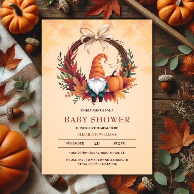 Orange Cute Gnome Fall Pumpkin Wreath Baby Shower Invitation (Orange Cute Gnome Fall Pumpkin Wreath Baby Shower Invitation)