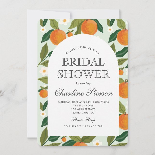 Orange Cute Green Summer Bridal Shower Invitation (Front)