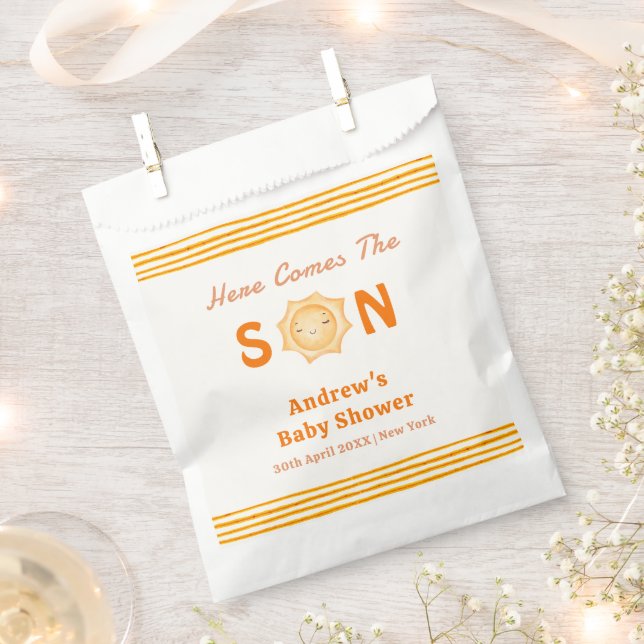 Orange Cute Here Comes The Son Baby Shower Favour Bag (Clipped)
