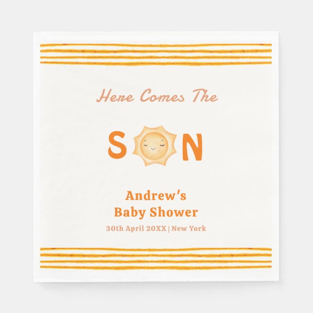 Orange Cute Here Comes The Son Baby Shower Napkin (Front)