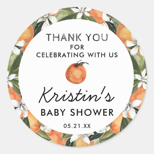 Orange Cutie Baby Shower Thank You Favour Classic Round Sticker (Front)