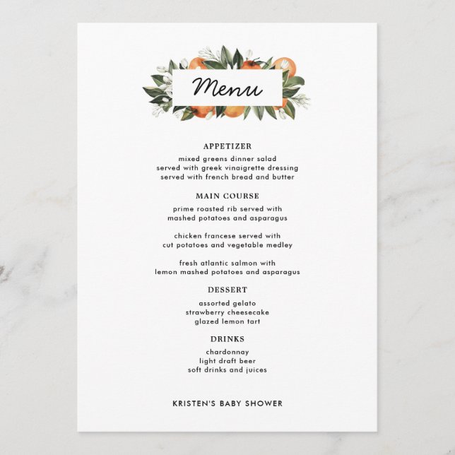 Orange Cutie Citrus Table Menu Cards (Front)