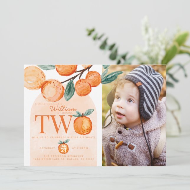 Orange Cutie turning TWO 2nd Birthday Party Photo Invitation (Standing Front)