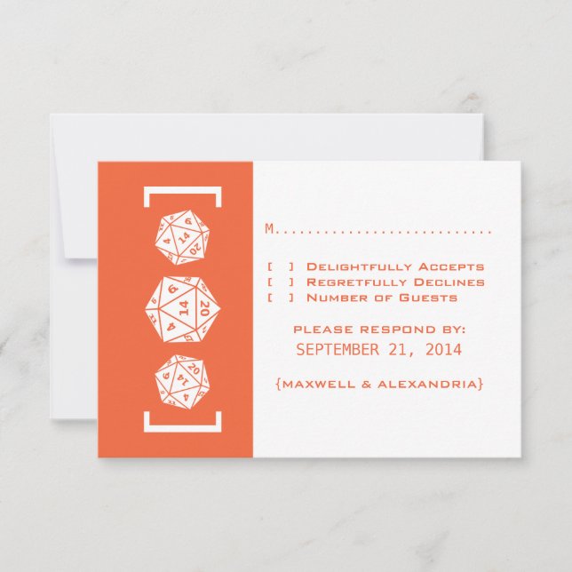 Orange D20 Dice Gamer Wedding Response Card (Front)