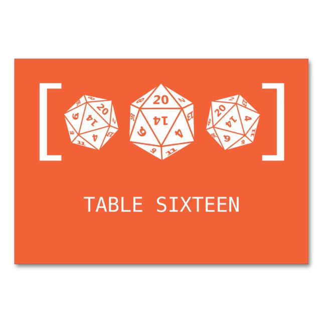 Orange D20 Dice Gamer Wedding Table Card (Front)