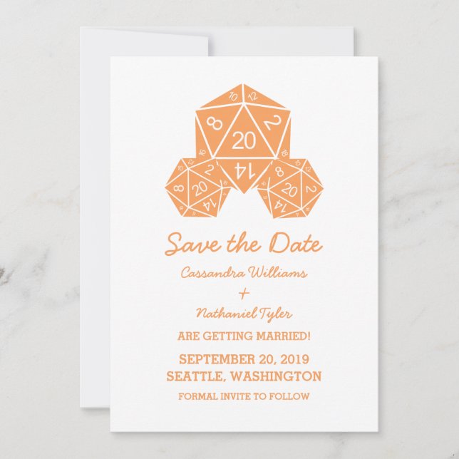 Orange D20 Dice Save the Date Invite (Front)