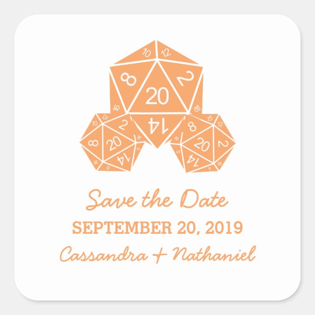 Orange D20 Dice Save the Date Stickers (Front)