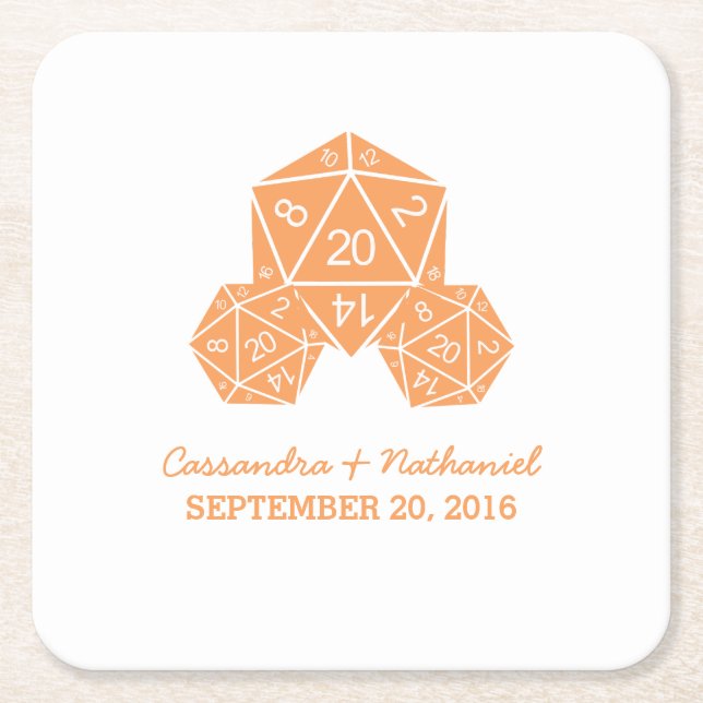 Orange D20 Dice Wedding Paper Coasters (Front)