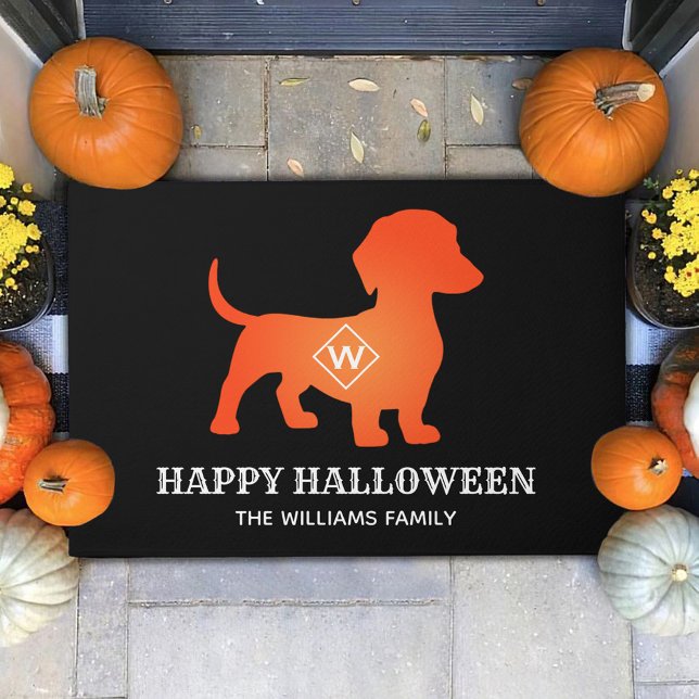 Orange Dachshund Happy Halloween Family Name Doormat (Creator Uploaded)