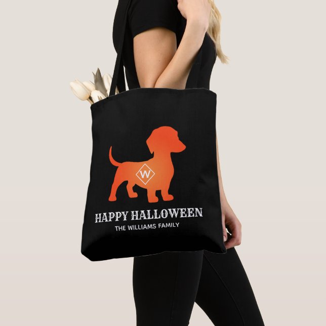 Orange Dachshund Happy Halloween Family Name Tote Bag (Close Up)