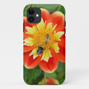 Orange dahlia flower with honey bees iPhone 11 case