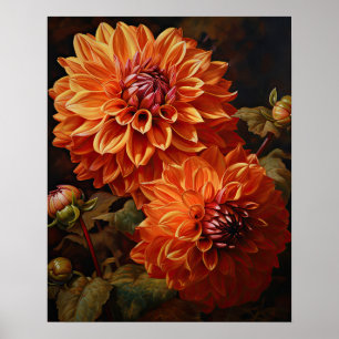 Orange Dahlia Flowers Art Print Poster