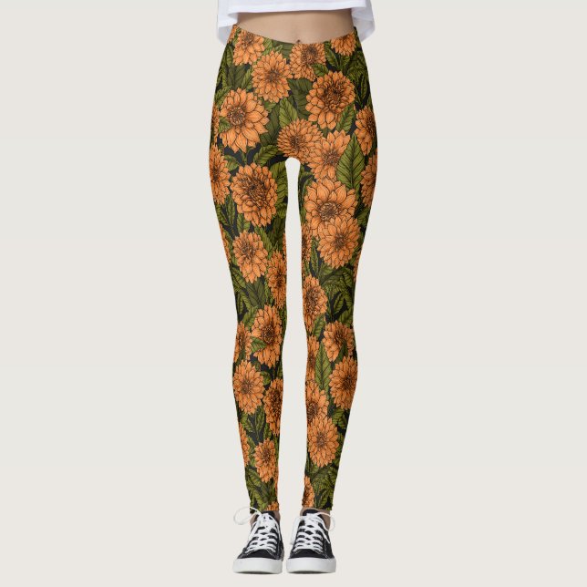 Orange Dahlia garden Leggings (Front)