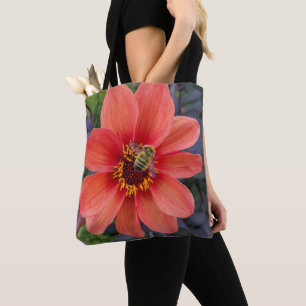 Orange Dahlia with Fuzzy Bee Floral Tote Bag