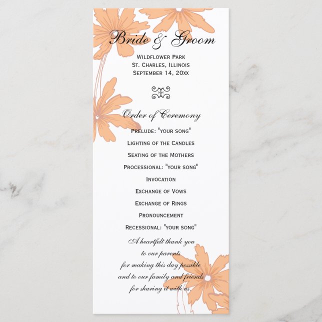 Orange Daisies on White Wedding Program (Front)