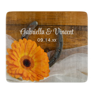 Orange Daisy and Horseshoe Country Western Wedding Cutting Board