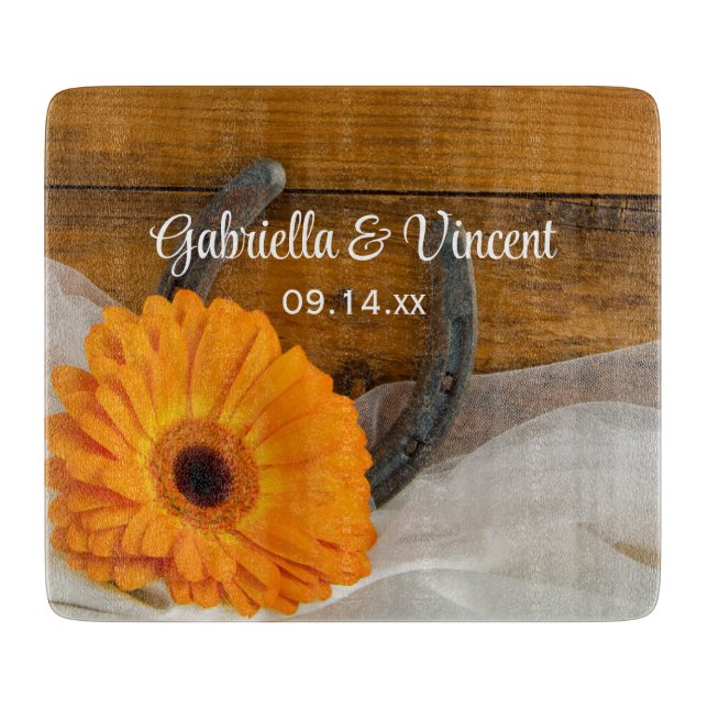 Orange Daisy and Horseshoe Country Western Wedding Cutting Board (Front)