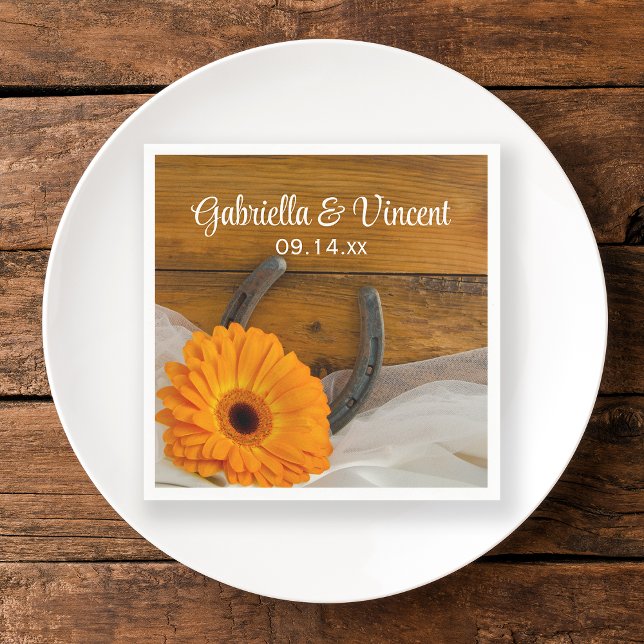 Orange Daisy and Horseshoe Country Western Wedding Napkin (Creator Uploaded)